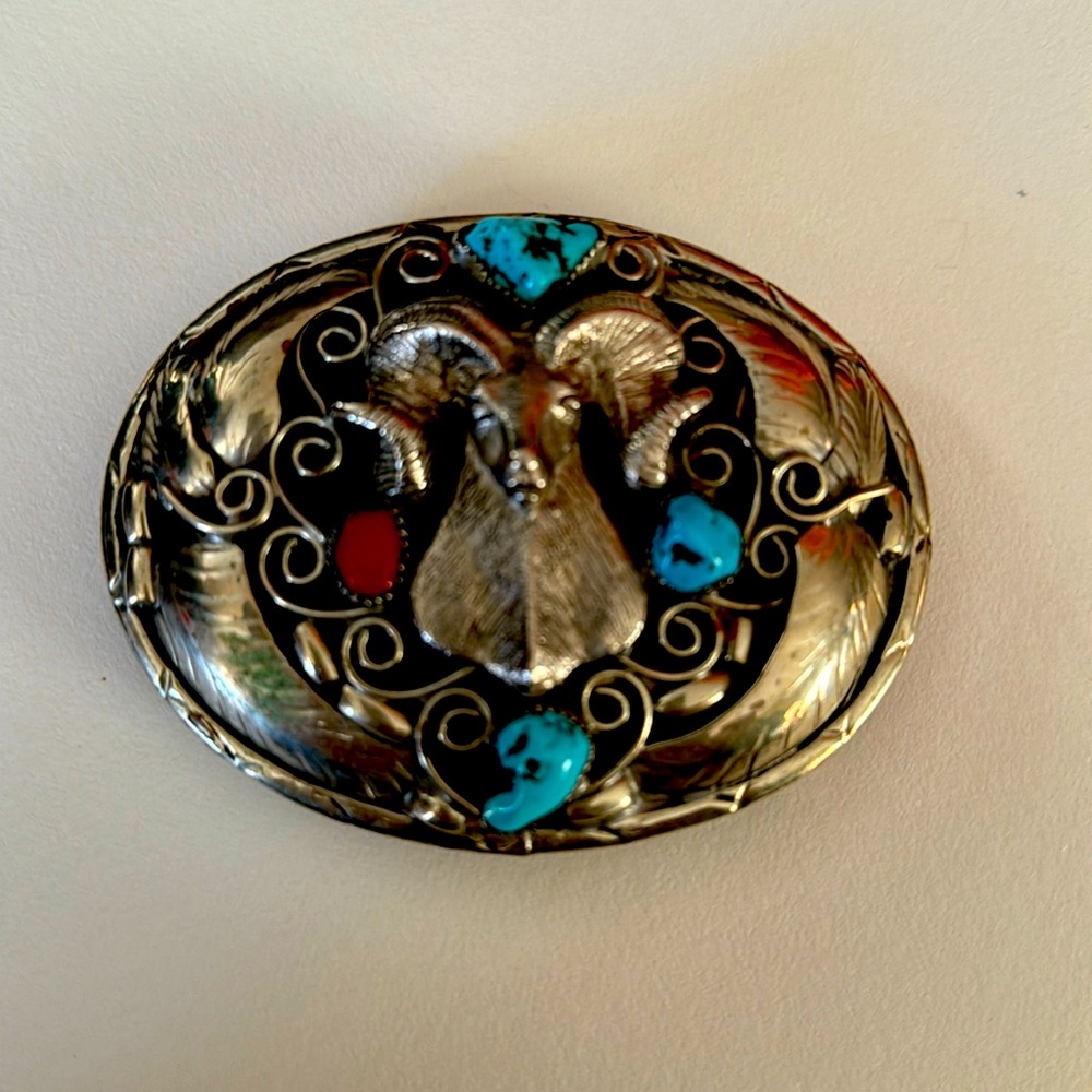 Southwest Ram with Sterling Silver and turquoise belt buckle